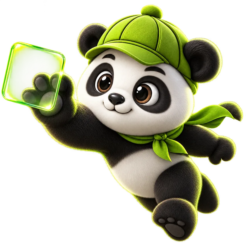 Panda do Pandaí segurando um cartão de produto