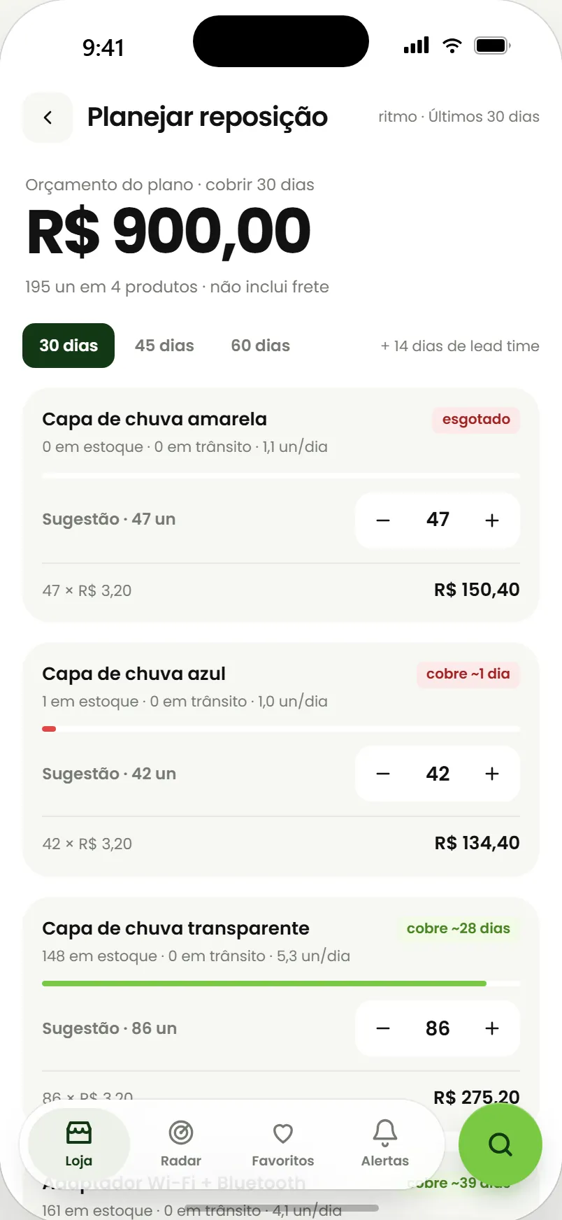 Tela Planejar reposição com a sugestão de compra de cada produto